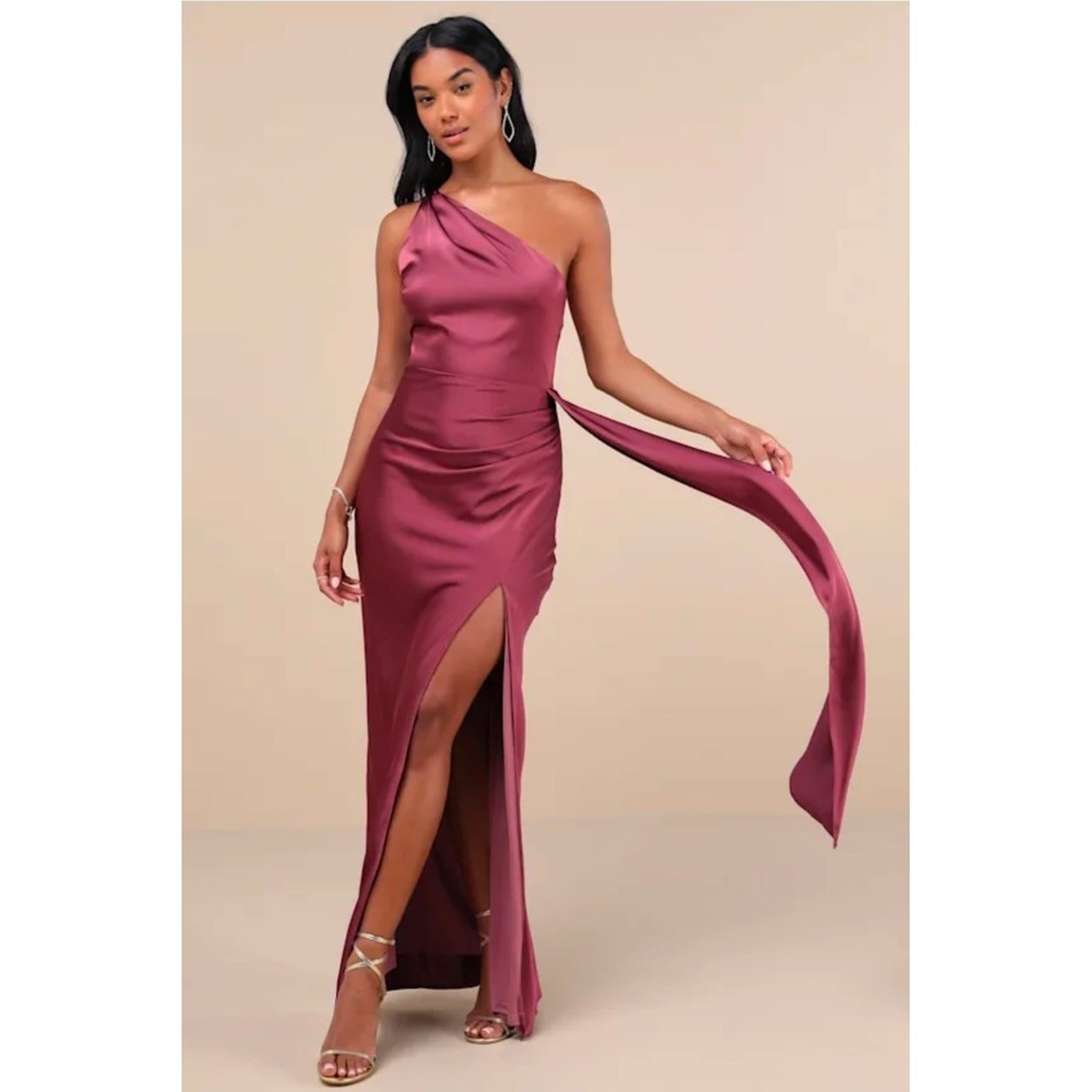Lulus Satin One Shoulder Maxi Dress Plum Purple Sash Side Slit Size M Formal